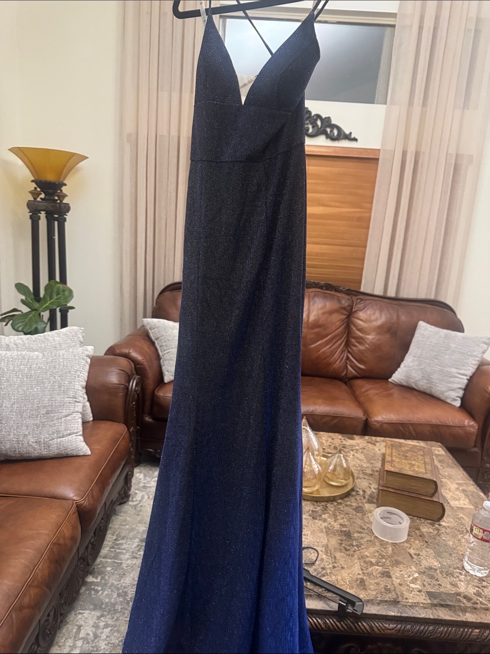 Sparkling Deep Navy V-Neck Prom Gown with Slim Straps
